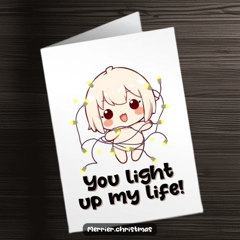 Funny Free Printable Birthday Card: A kawaii character is playfully tangled in a string of colorful, glowing lights, ready for celebration.