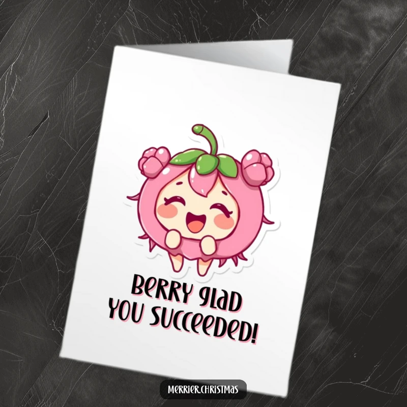 Funny Free Printable Congratulations Card: A holly berry character giggling with excitement, celebrating a wonderful achievement.
