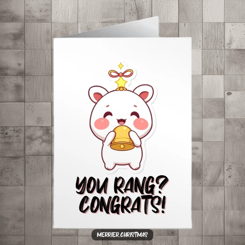 Funny Free Printable Congratulations Card: Kawaii character smiling, holding a sparkling bell, a delightful DIY gift.