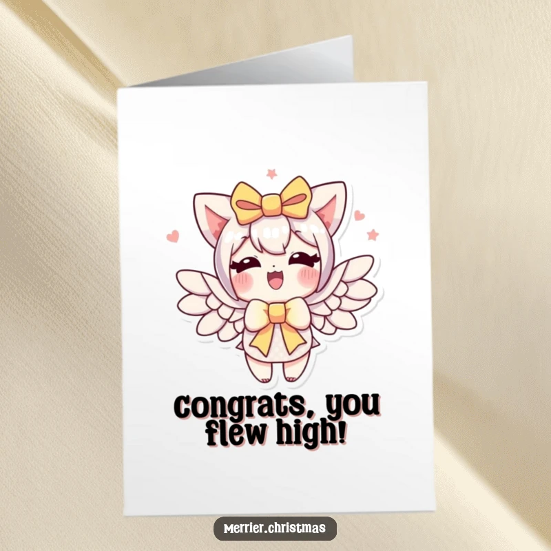 Funny Free Printable Congrats Card: A gift bow character enthusiastically sprouting wings, symbolizing swift congratulations.