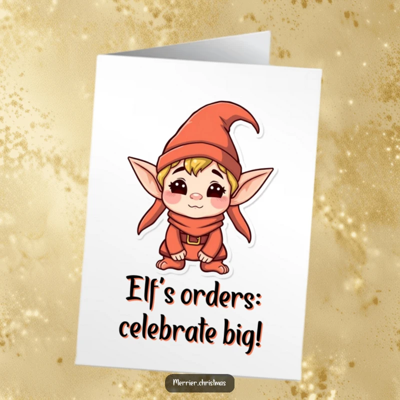 Funny Free Printable Congratulations Card of a kawaii elf with a pointy hat making a funny, silly face, perfect for good news.