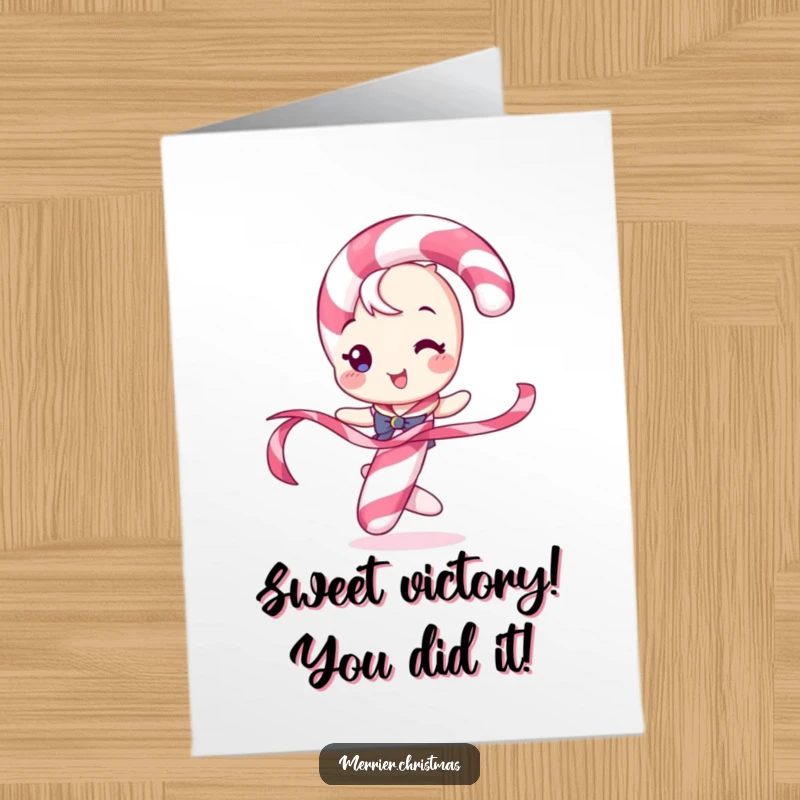 Funny Free Printable Congratulations Card: A festive candy cane character twirls a ribbon with playful energy.