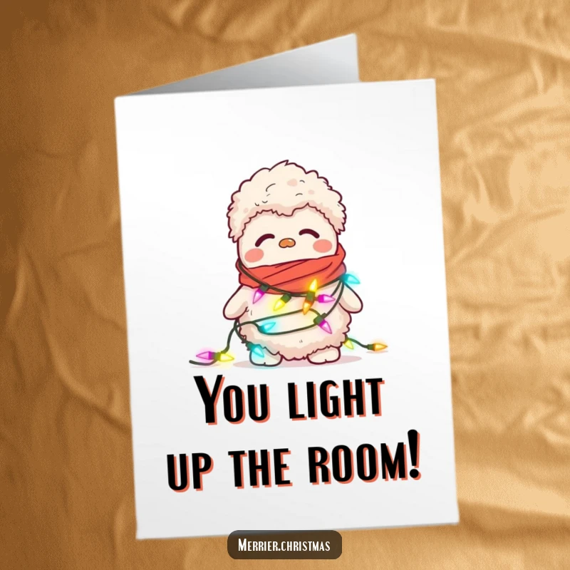 Funny Free Printable Congratulations Card showing a fuzzy slipper adorned with blinking Christmas lights, festive.