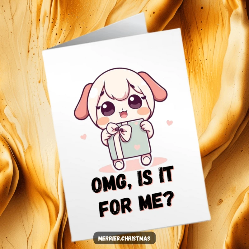 Funny Free Printable Congrats Card: Kawaii character excitedly shaking a gift, showcasing anticipation and fun, a perfect downloadable art gift.