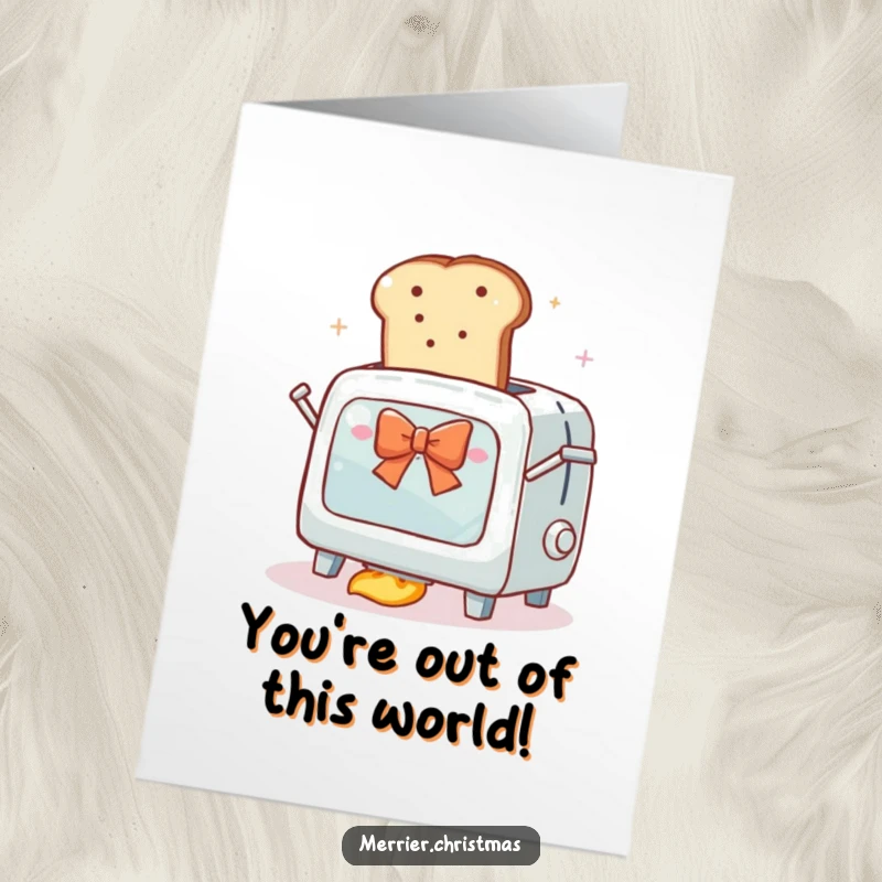 Funny Free Printable Congratulations Card featuring an eager toaster oven launching toast with a bow, celebratory.