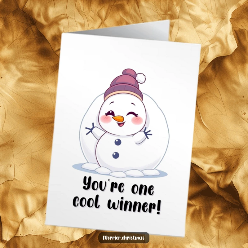 Funny Free Printable Congratulations Card: Cute snowman peeking from behind a snowball, giving a knowing wink.