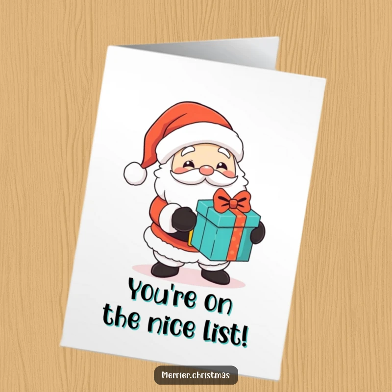 Funny Free Printable Congratulations Card: A cute Santa character with a twinkle in his eye, celebrating success by handing out gifts.