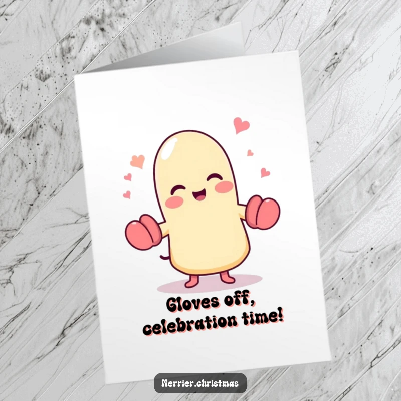 Funny Free Printable Congrats Card: A cute, dancing mitten character celebrating with infectious glee.