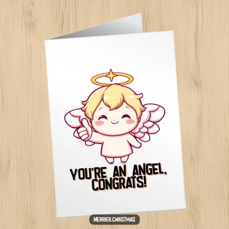 Funny Free Printable Congrats Card: Kawaii angel with a bright halo enthusiastically giving a cheerful thumbs up.