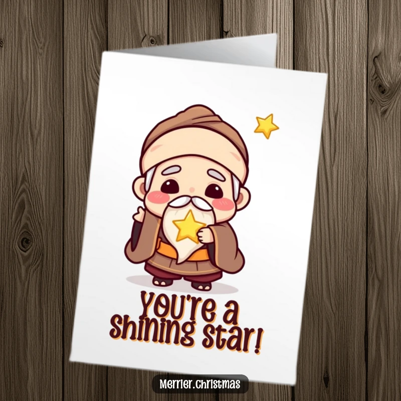 Funny Free Printable Congrats Card: Kawaii wise man joyfully presenting a tiny, glowing star as a symbol of achievement.