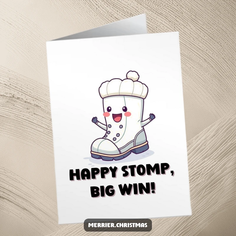 Funny Free Printable Congratulations Card: A winter boot character doing a happy stomp, signifying a triumphant achievement.