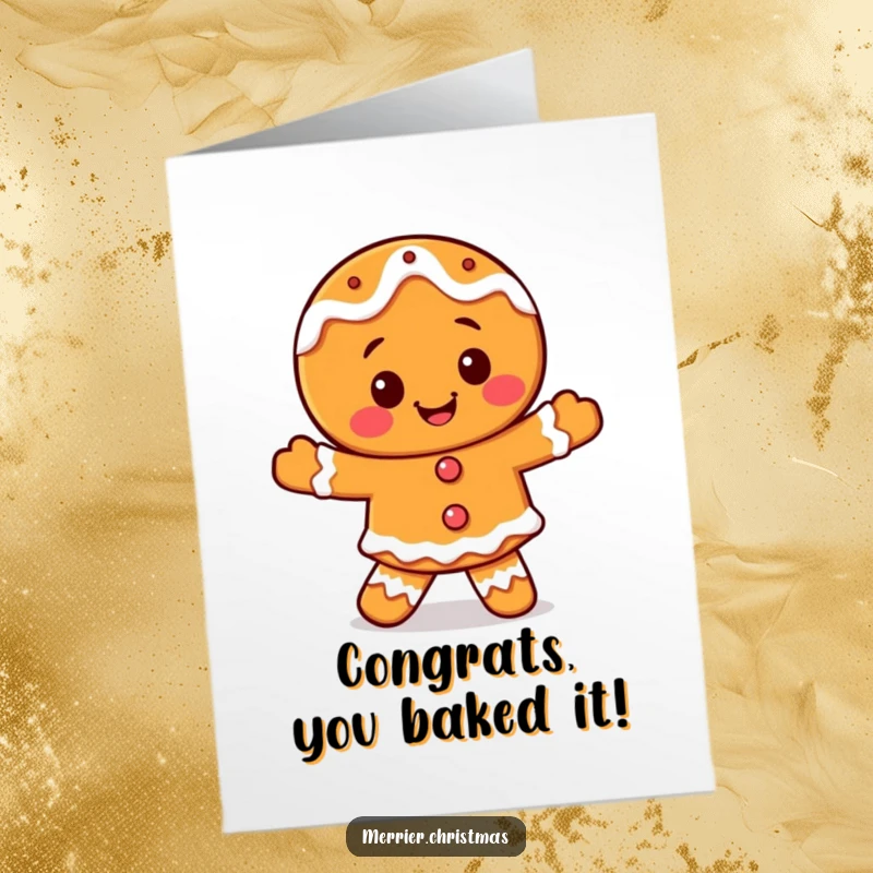 Funny Free Printable Gingerbread Character Congratulations Card, dancing with excitement and icing details.
