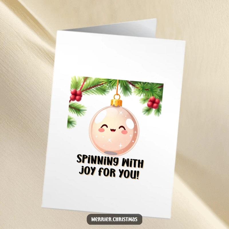 Festive Free Printable Congratulations Card: Kawaii Christmas ornament sparkling and spinning with pure joy, celebrating success with holiday flair.