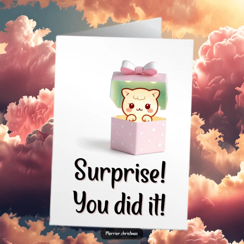 Funny Free Printable Congratulations Card featuring a kawaii gift box popping open to reveal a tiny, twinkling light, symbolizing brilliant success.