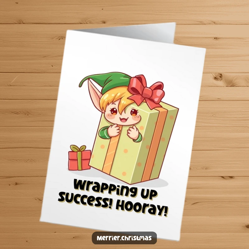 Funny Free Printable Congratulations Card: An elf vigorously wraps a gift that is comically oversized.