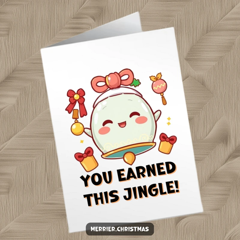 Funny free printable congratulations card with a festive bell character jiggling with excitement for their big achievement.