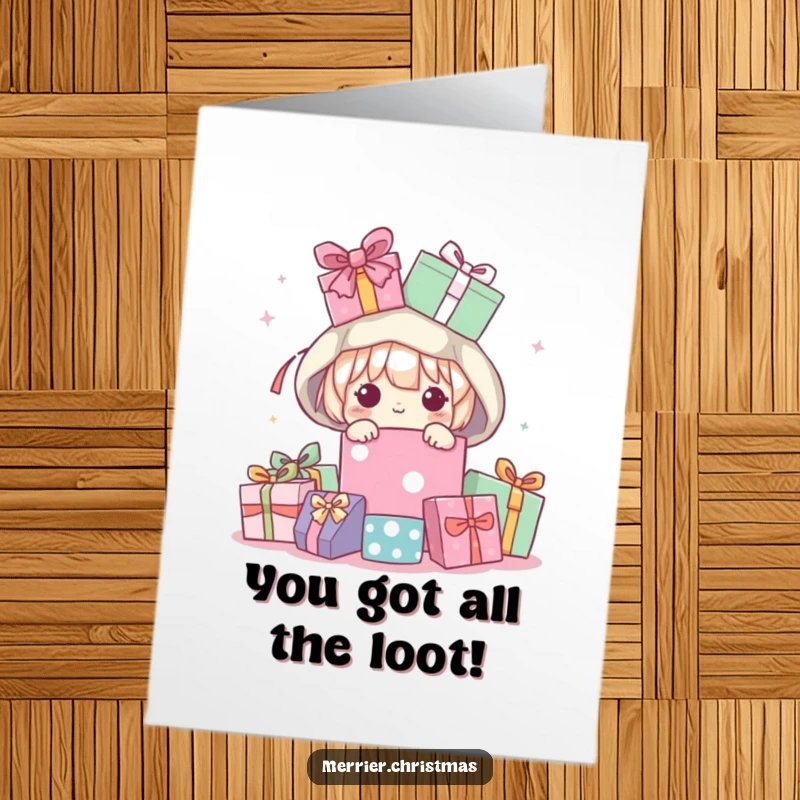 Funny Free Printable Congrats Card: Kawaii character peeking from a gift pile, conveying surprise and joy, ideal for a DIY gift.