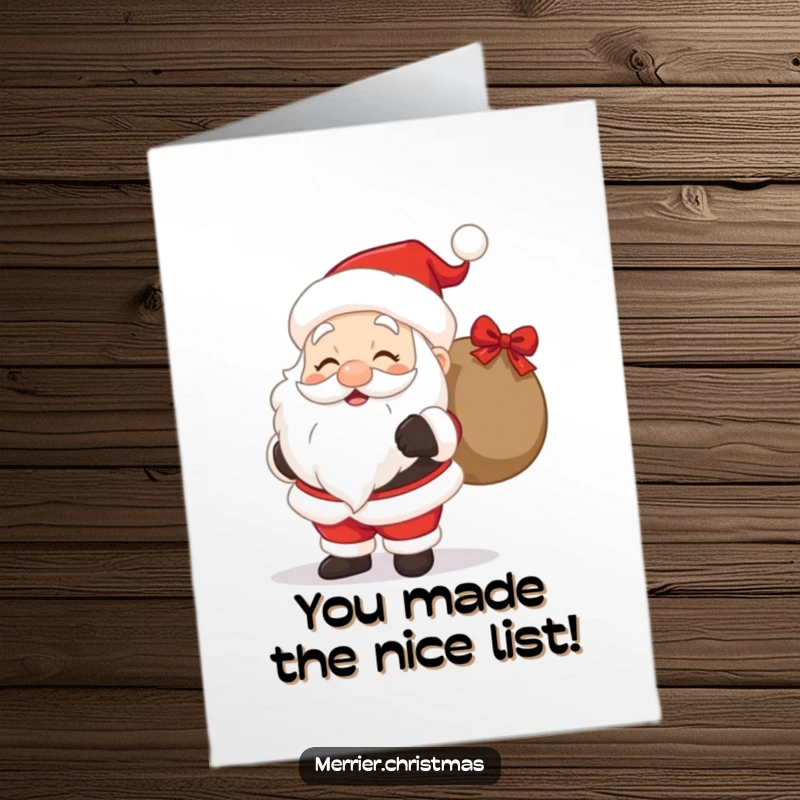 Funny Free Printable Congratulations Card with a cute Santa smiling and holding a gift bag, perfect for spreading good news.