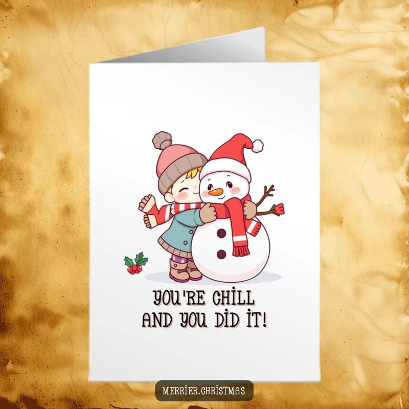 Funny Free Printable Congratulations Card: A cute kawaii character gives a festive snowman a big hug, symbolizing warm congratulations.
