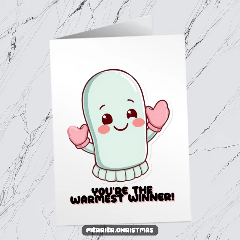 Friendly Free Printable Congratulations Card featuring a mitten character waving energetically, a cheerful downloadable art.