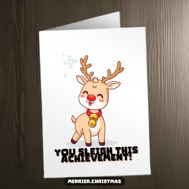 Funny Free Printable Congratulations Card: Kawaii reindeer gleefully tossing a snowflake, celebrating success.