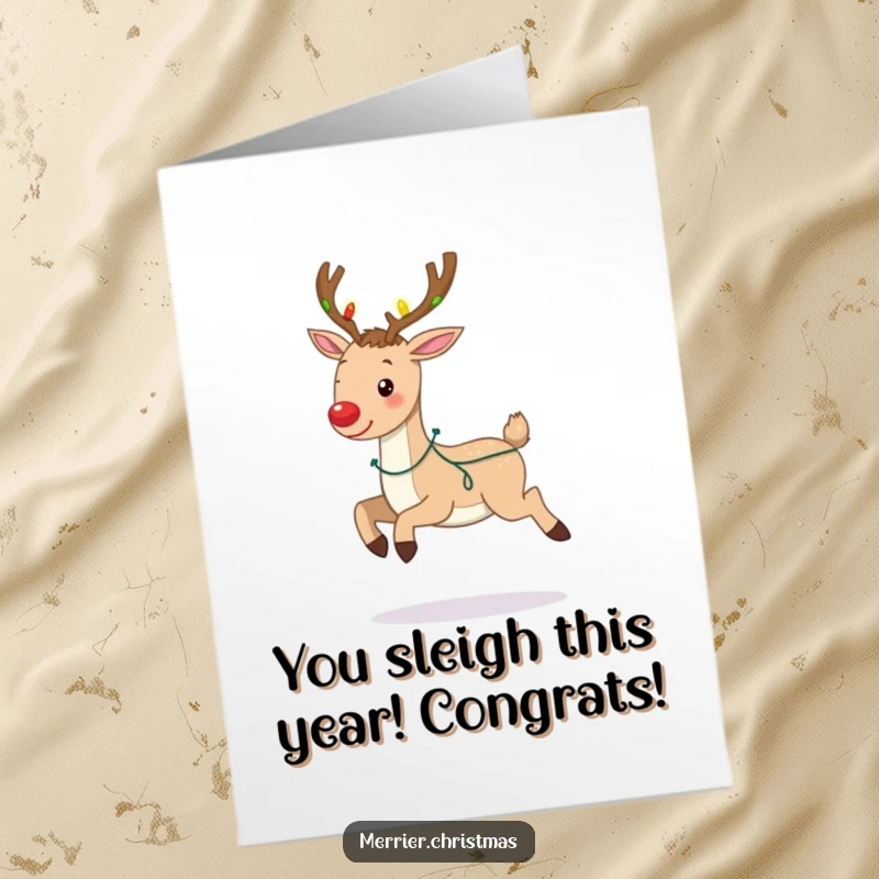 Funny Free Printable Congratulations Card: A reindeer with glowing antlers prances with pure delight.