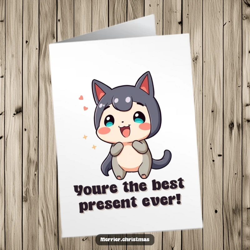 Funny Free Printable Congratulations Card: Energetic present character wiggling with excitement, celebrating your fantastic achievement.