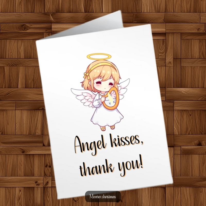 Funny free printable thank you card with an angel playing a tiny, radiant harp, sending a sweet and divine thank you.