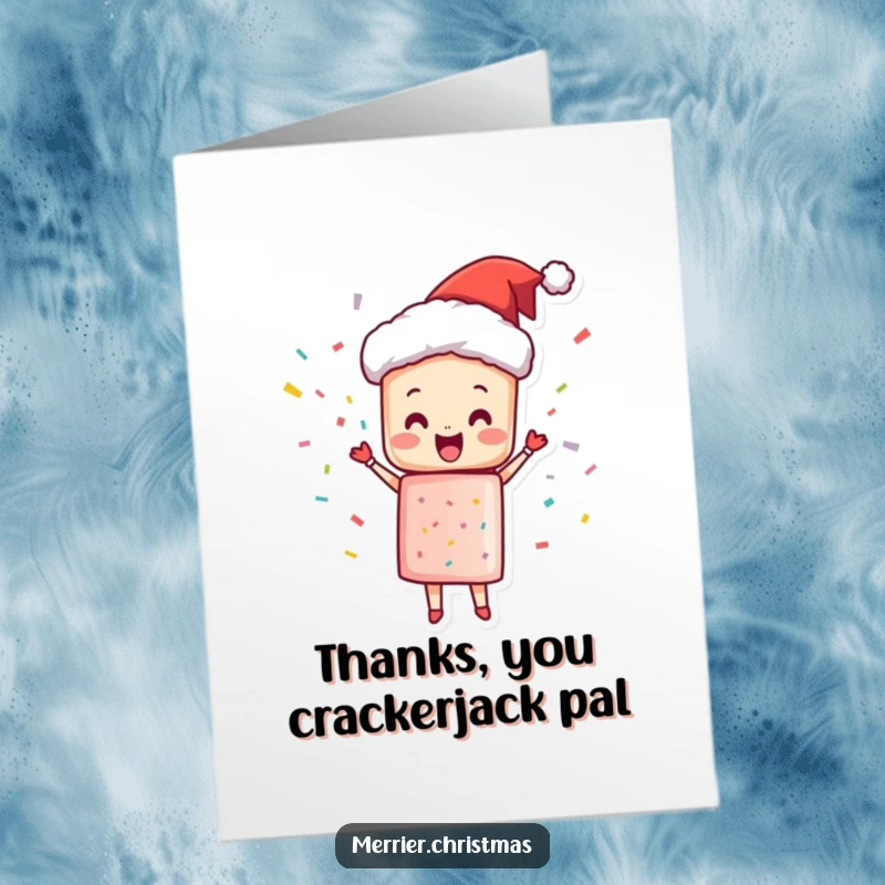 Funny free printable thank you card featuring a Christmas cracker character showering confetti and expressing happy gratitude.