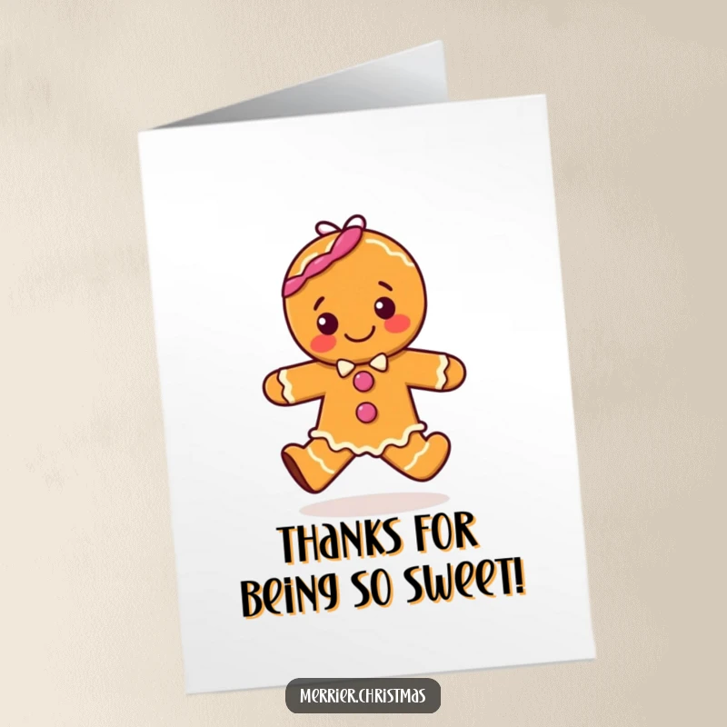 Funny Free Printable Thank You Card: A gingerbread character doing a happy hop, full of gratitude and sweet charm.