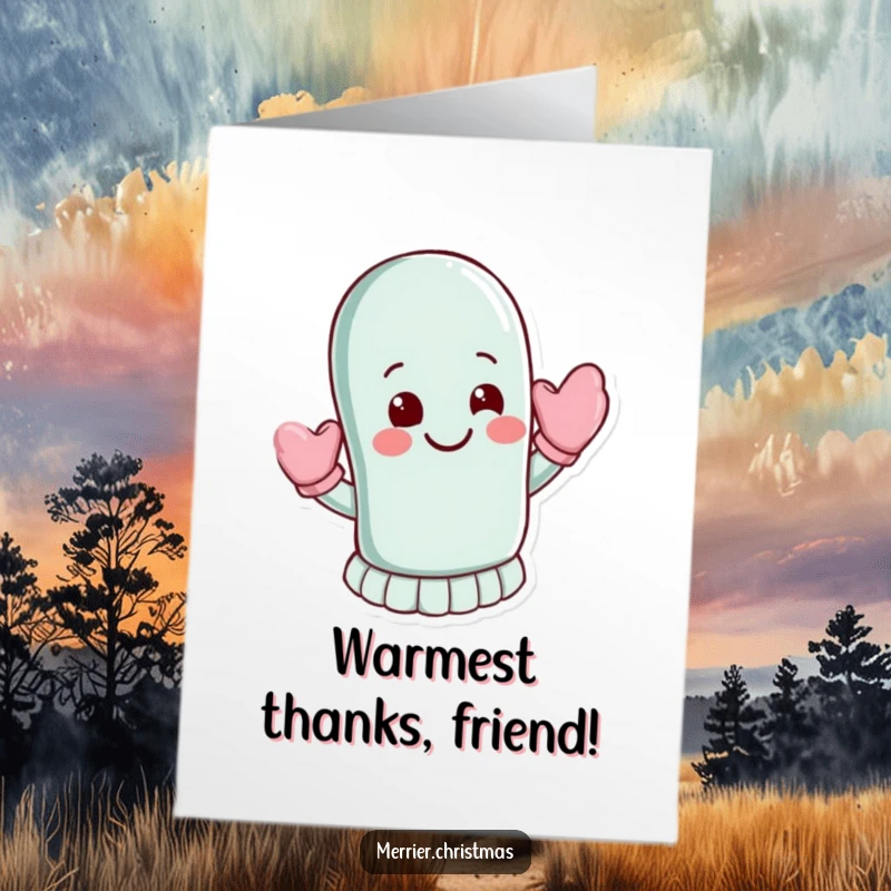 Friendly Free Printable Thank You Card of a mitten character waving with a warm smile, a cute DIY gift.