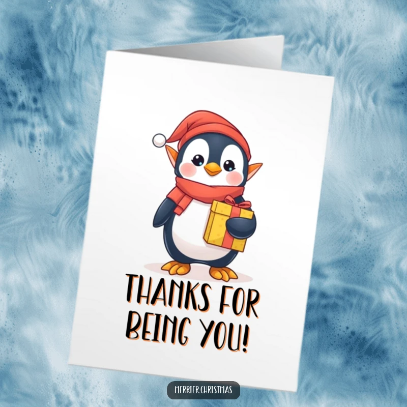Funny Free Printable Penguin Elf Thank You Card, looking festive, holding a present.