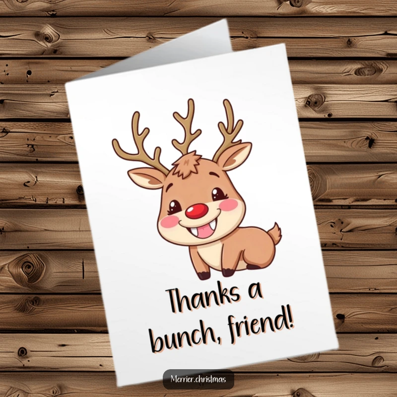 Funny free printable thank you card showcasing a reindeer's enormous goofy grin and rosy cheeks, spreading thanks joyfully.