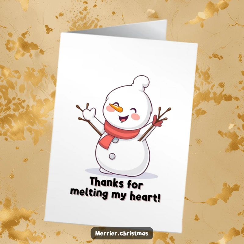 Funny Free Printable Thank You Card: A cheerful snowman waving with its twig arm, offering thanks with a friendly demeanor.