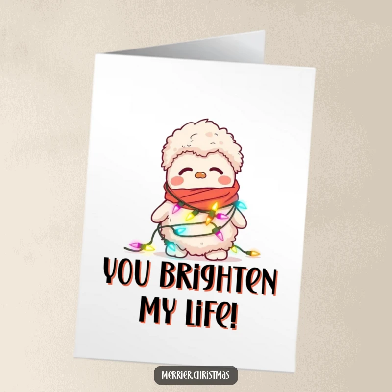 Funny Free Printable Thank You Card featuring a fuzzy slipper draped in blinking Christmas lights, cozy gratitude.