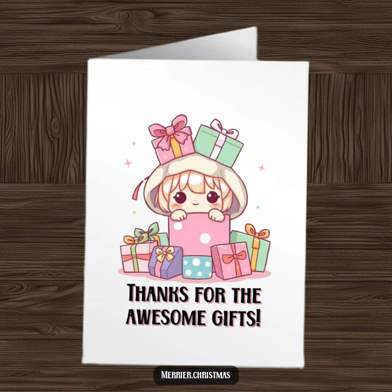 Funny Free Printable Thank You Card: Kawaii character hiding under presents, offering a shy thank you, a funny downloadable art gift.