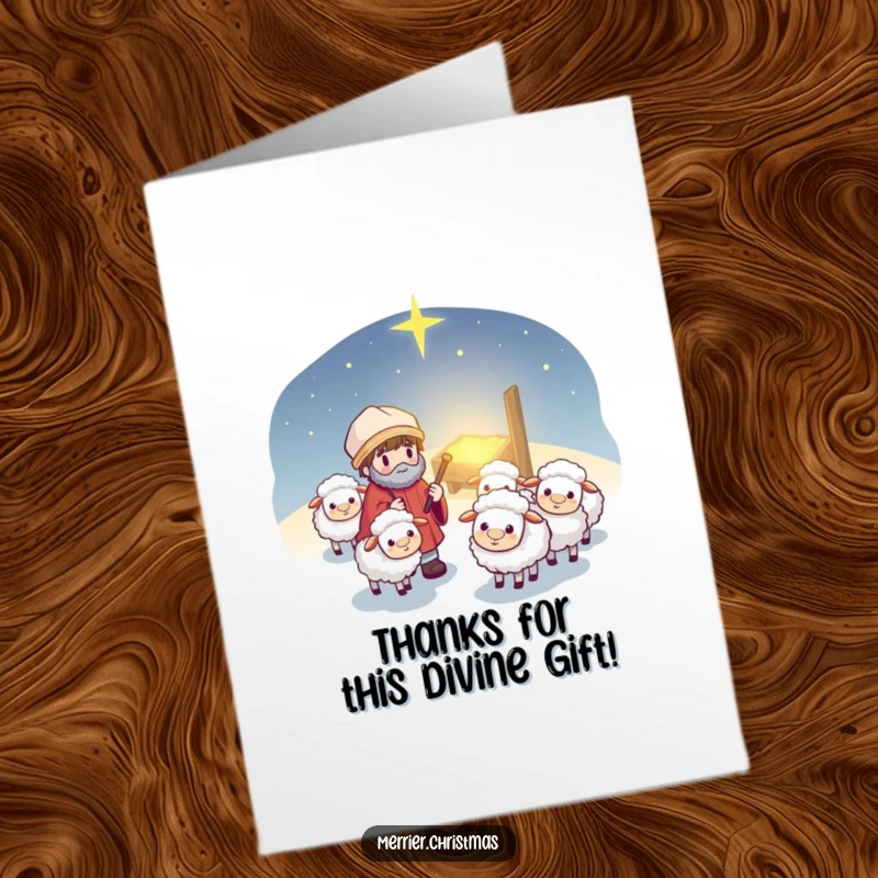 Funny Free Printable Thank You Card: A kawaii shepherd gently guides fluffy sheep, conveying heartfelt thanks with a cute, cheerful vibe.