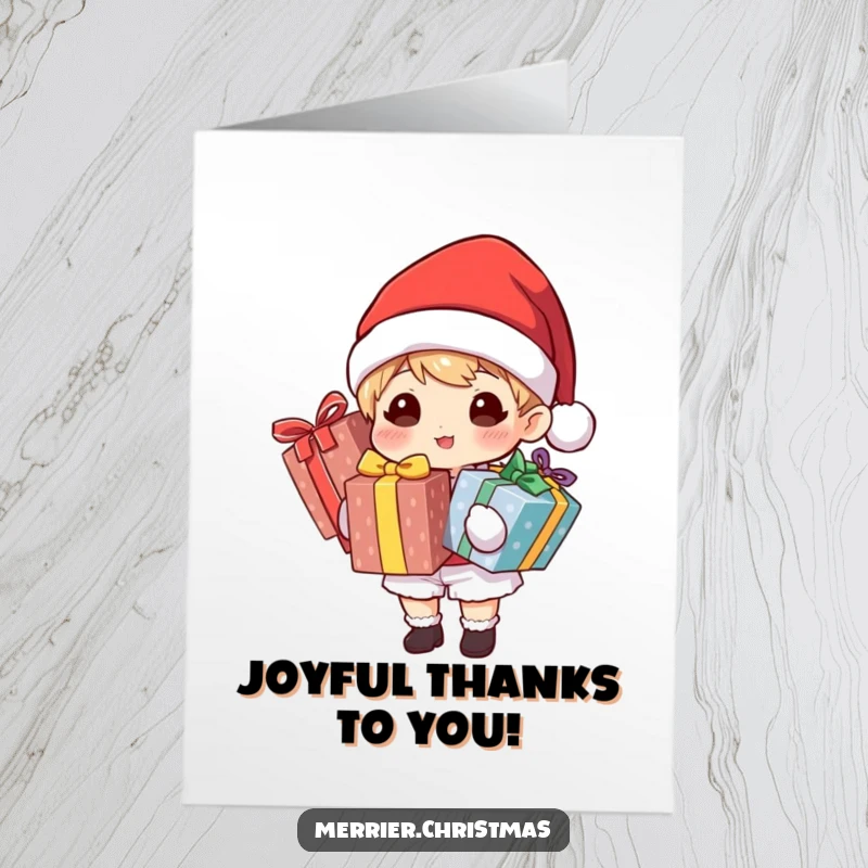 Funny Free Printable Thank You Card with a Santa-hatted character holding many brightly wrapped gifts, showing festive appreciation.