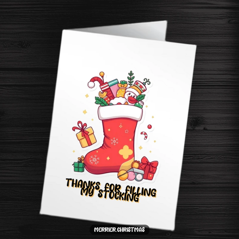Funny Free Printable Thank You Card: A Christmas stocking character overflowing with playful surprises, showing immense appreciation.