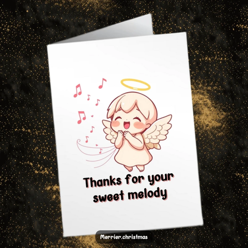 Sweet Free Printable Thank You Card: Kawaii angel singing with joy, music notes flowing, expressing gratitude in a melodic way.