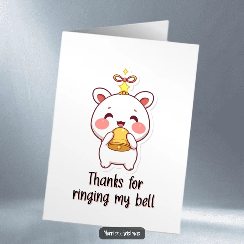 Funny Free Printable Thank You Card: Kawaii character holding a sparkling bell, a sweet and funny DIY gift.