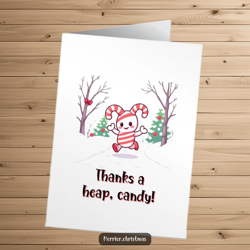 Funny Free Printable Thank You Card featuring a kawaii candy cane character hopping merrily, conveying warm gratitude with a playful spirit.