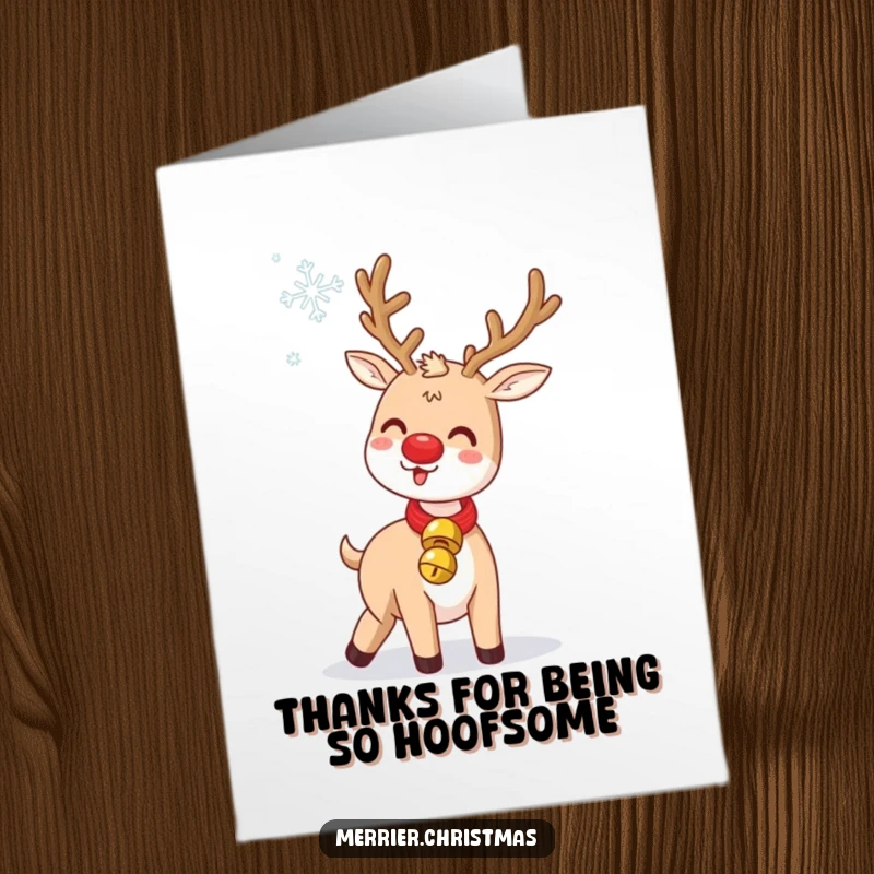 Funny Free Printable Thank You Card: Kawaii reindeer tossing a snowflake, conveying thanks with joy.