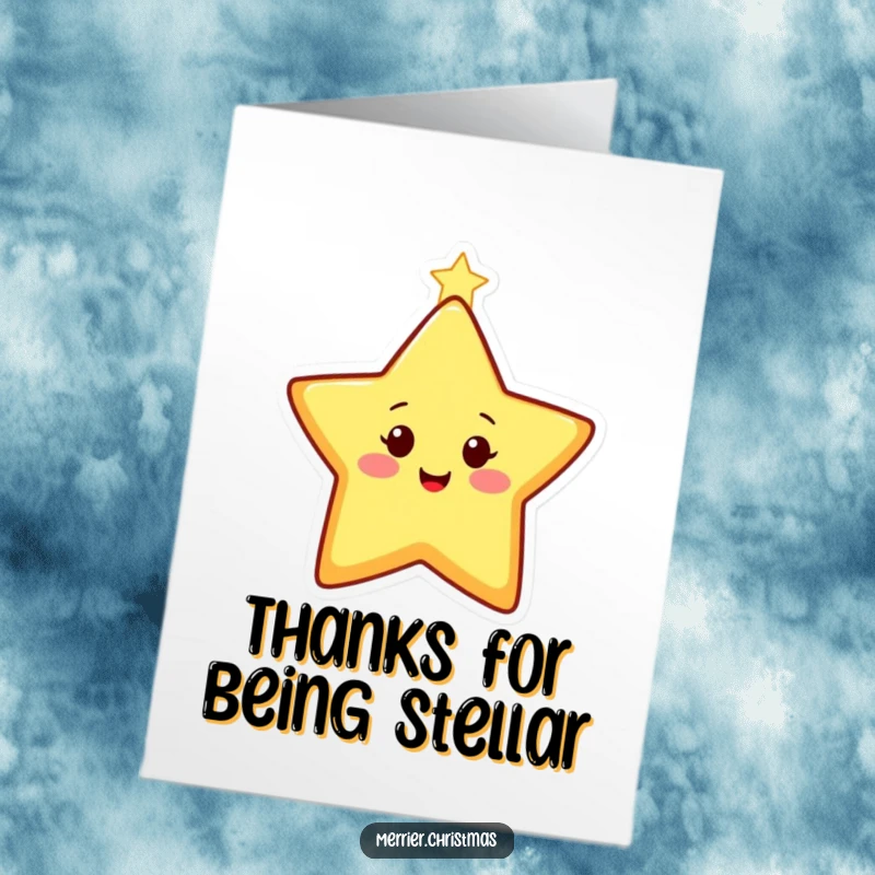 Funny free printable thank you card featuring a stylized Christmas star character twinkling with bright appreciation.