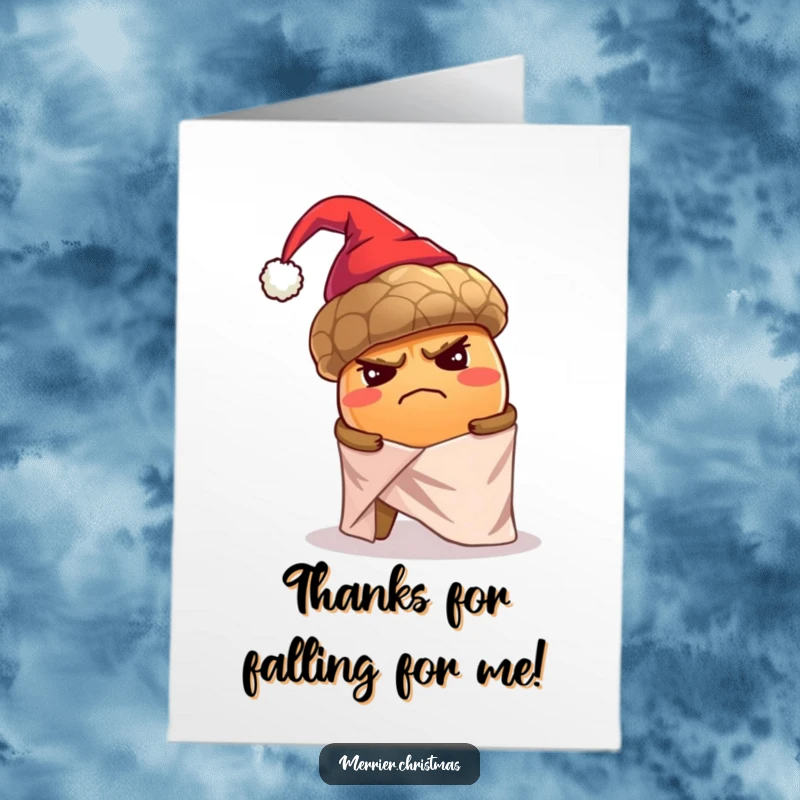 Funny Free Printable Thank You Card of a disgruntled acorn in a Santa hat trying to wrap gifts, quirky.