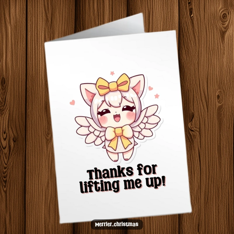 Funny Free Printable Thank You Card: A gift bow character sprouting wings, ready to deliver heartfelt thanks.