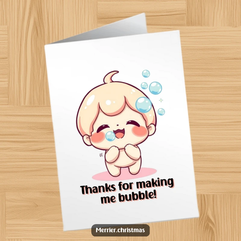 Funny Free Printable Thank You Card: Kawaii character happily blowing sparkly bubbles, a lighthearted way to say thank you, great DIY gift.