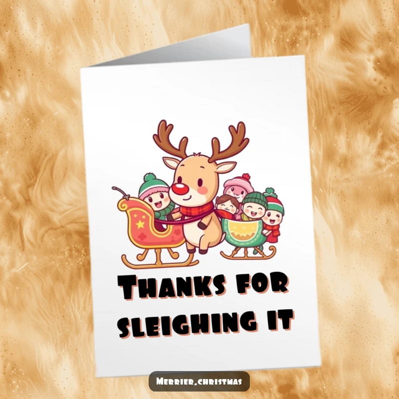 Funny Free Printable Thank You Card: A reindeer character pulling a sleigh full of laughing characters, expressing thanks with abundant joy.