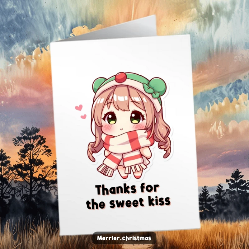Funny Free Printable Thank You Card: A character in a festive scarf blowing a kiss to express thanks, a perfect downloadable gift.