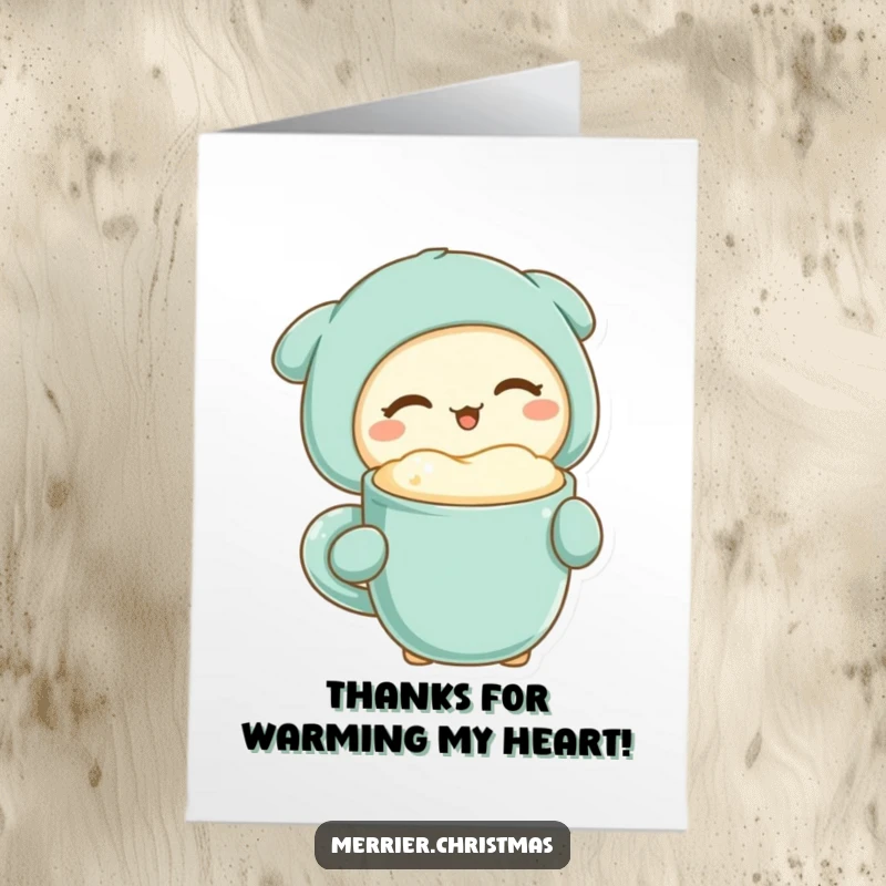 Funny Free Printable Thank You Card: A kawaii character winks while holding a mug of warm drink, expressing sincere thanks.